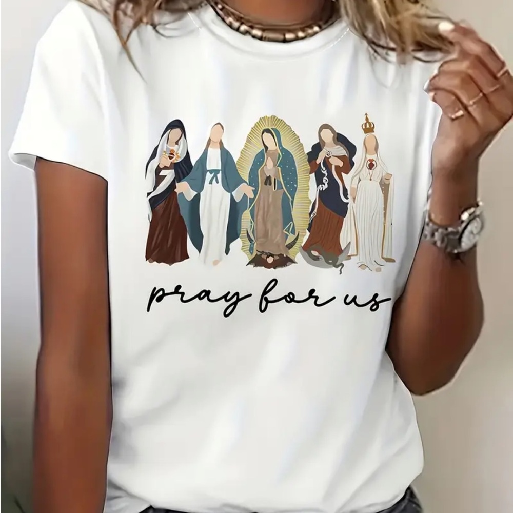 Virgin Mary Pray for Us SS Women's White Graphic Tee M Catholic gift NWT